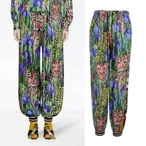Gucci Multicolored Silk Pants Jaguar Tiger Floral Print Harem Cuffed Joggers